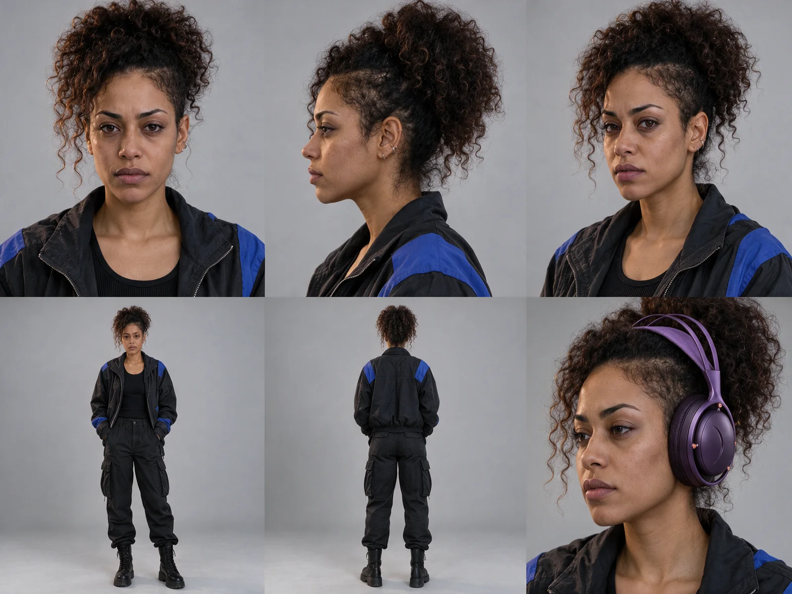 Character reference sheet showing the NUVO lead from several angles with consistent hair, facial features and clothing.