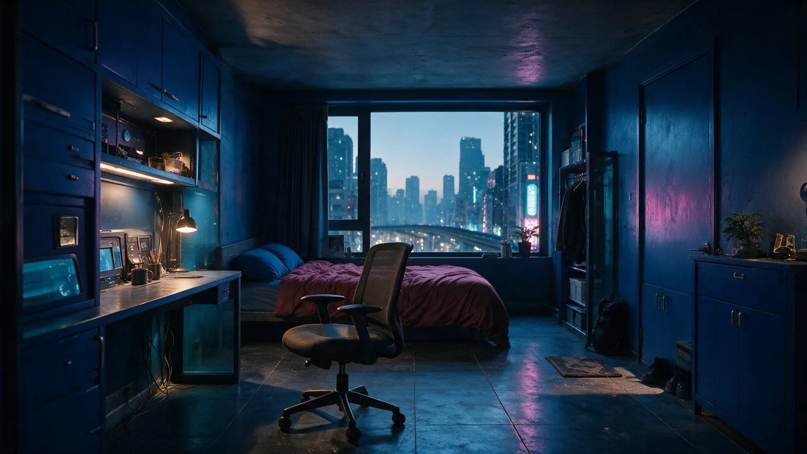 Empty closed room reference with blue lighting and the desk and chair layout.
