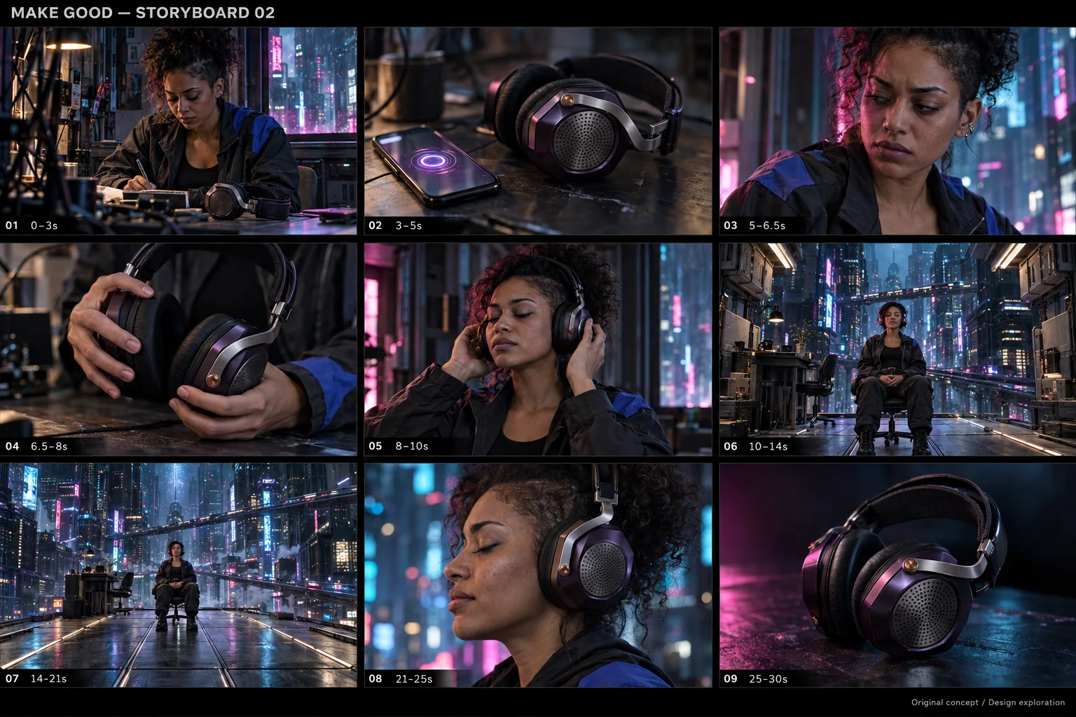 Early multi-panel storyboard exploring the headphone film’s progression from a small room to an open city.