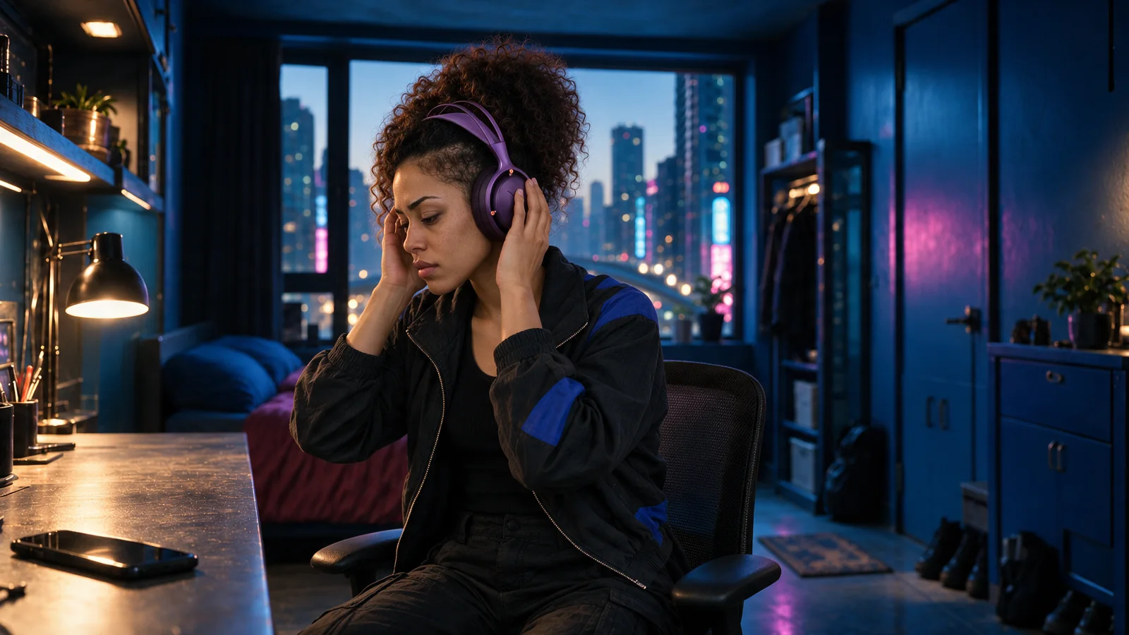 Storyboard close-up of the woman putting on the purple NUVO headphones.