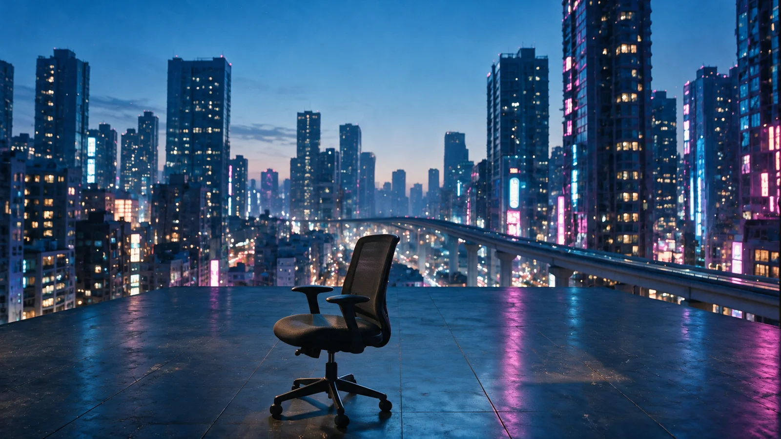 Open platform environment and futuristic city used as the destination reference for the reveal.