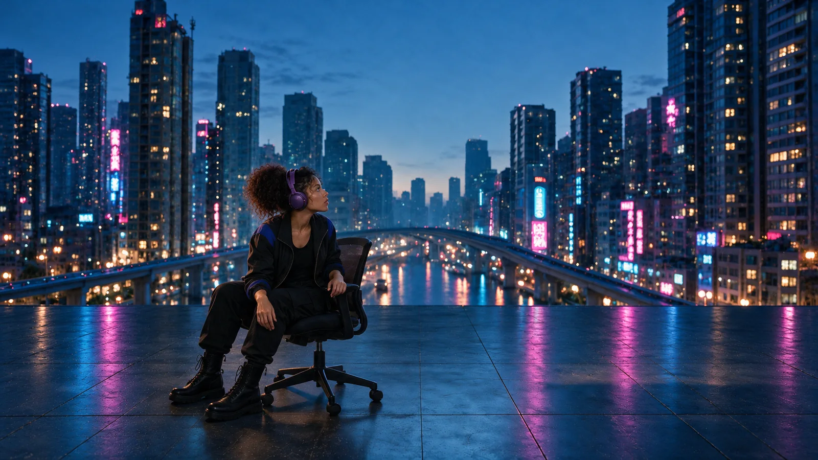 The same character wearing purple headphones, seated against an open futuristic city skyline.