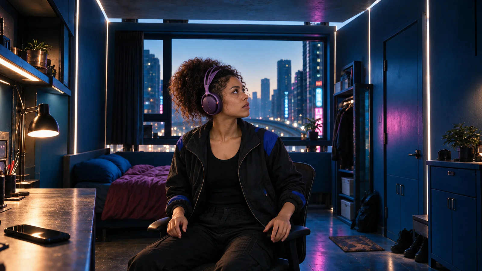 Seedream refinement of the room-opening storyboard frame with the seated character and purple headphones.