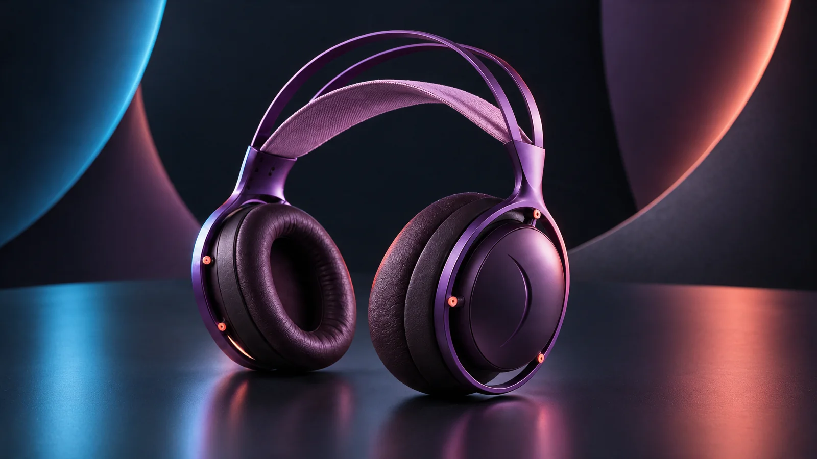 Purple NUVO over-ear headphones with a suspended fabric headband, dark ear cushions and small warm metallic fasteners, lit in blue and amber.