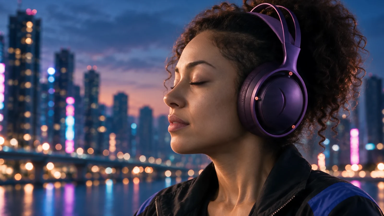 Matching clean source frame of the woman wearing purple headphones against the city skyline, before the After Effects treatment.