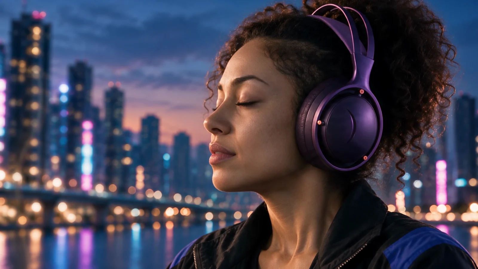 Finished close-up of the woman wearing purple headphones against the city skyline, with atmospheric light around the protected face and earcup.