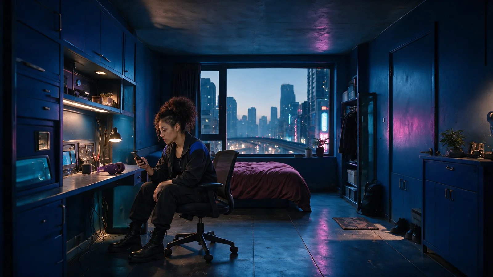 Crowded neon-lit room with the lead character seated at a desk, before the space opens.