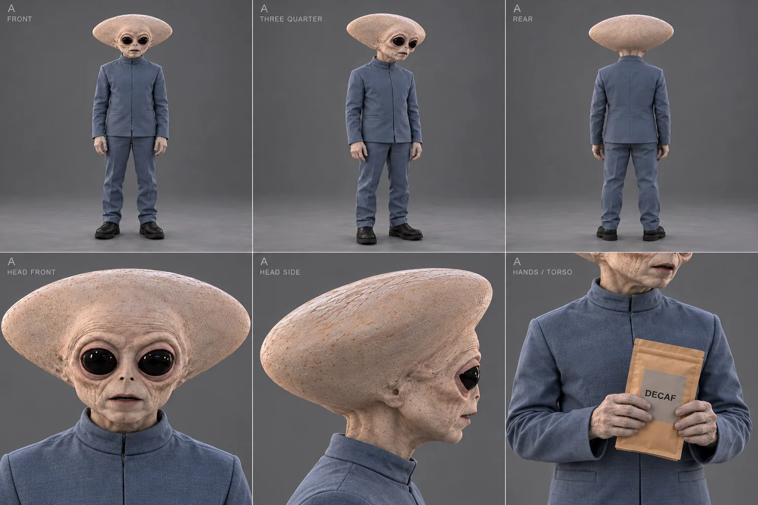Approved expanded reference sheet for Alien A, with a broad sideways head, black eyes, pale gray skin and blue uniform.