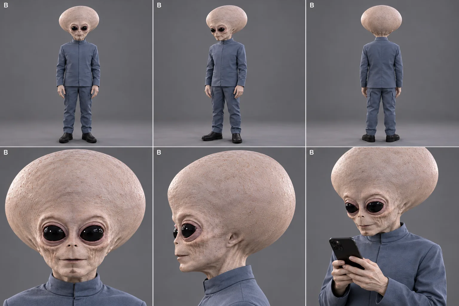 Approved expanded reference sheet for Alien B, with a rounded dome head, black eyes, pale gray skin and blue uniform.