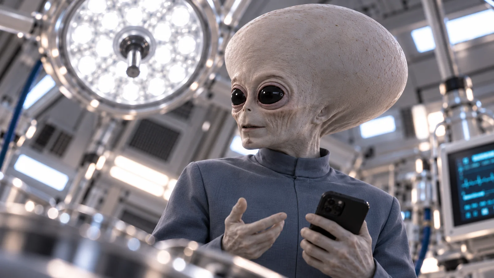 Storyboard panel of the phone holding alien defending the purchase of three more bags of coffee.