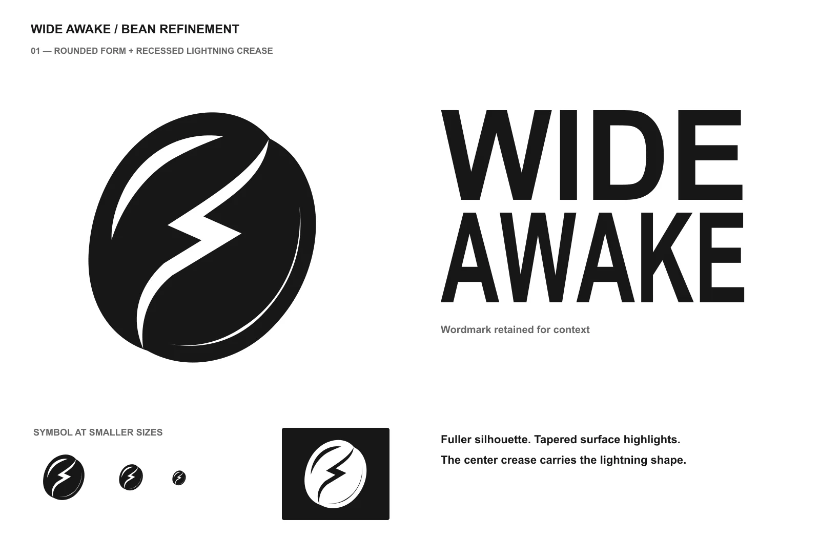 Wide Awake logo studies comparing a dimensional coffee bean with a lightning shaped seam in two mark variations.