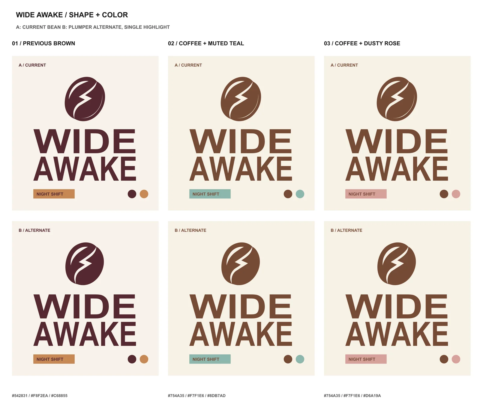Wide Awake color exploration showing coffee brown and muted teal as option two alongside alternate palettes.