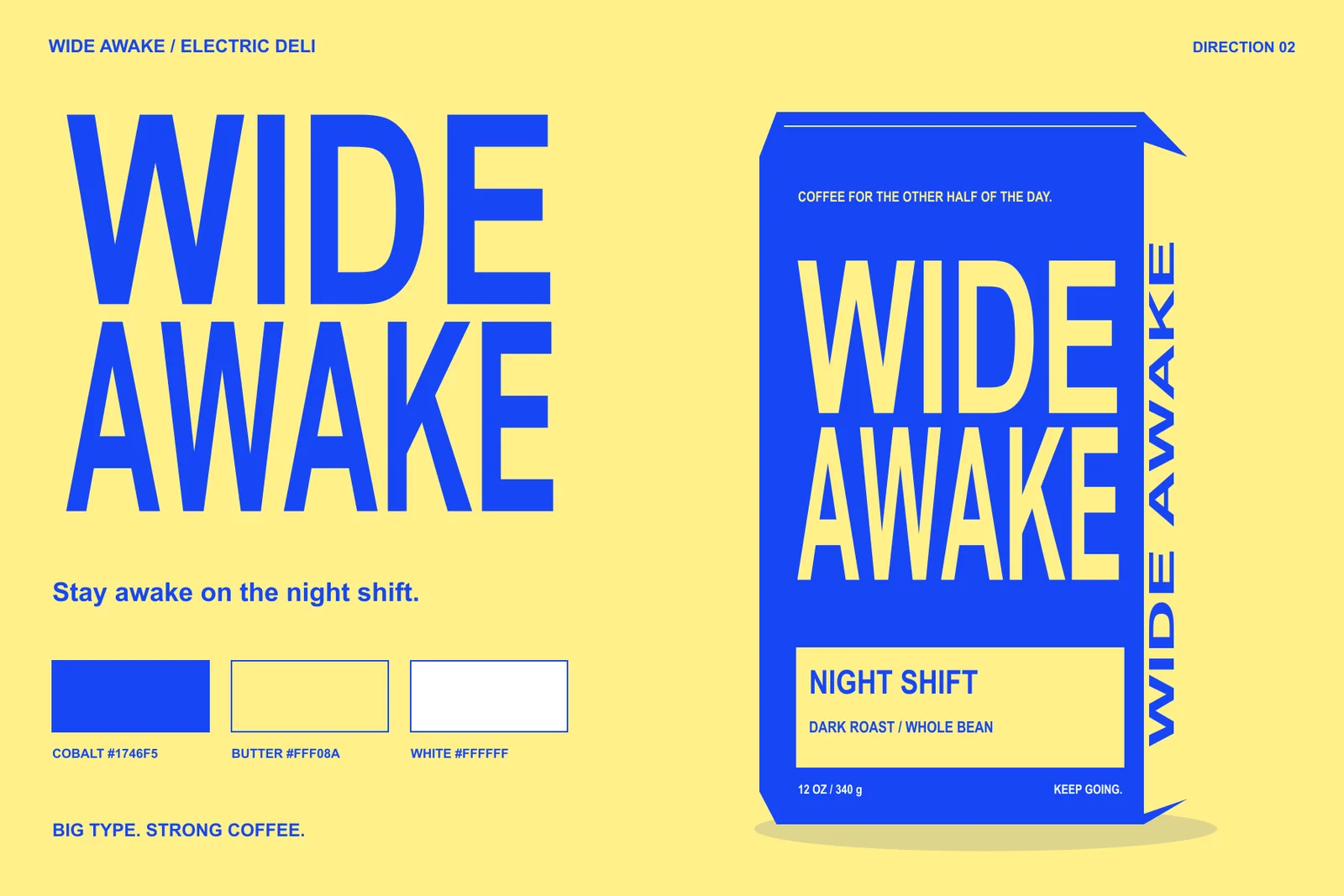 Earlier Wide Awake brand exploration with a yellow palette and coffee packaging studies.