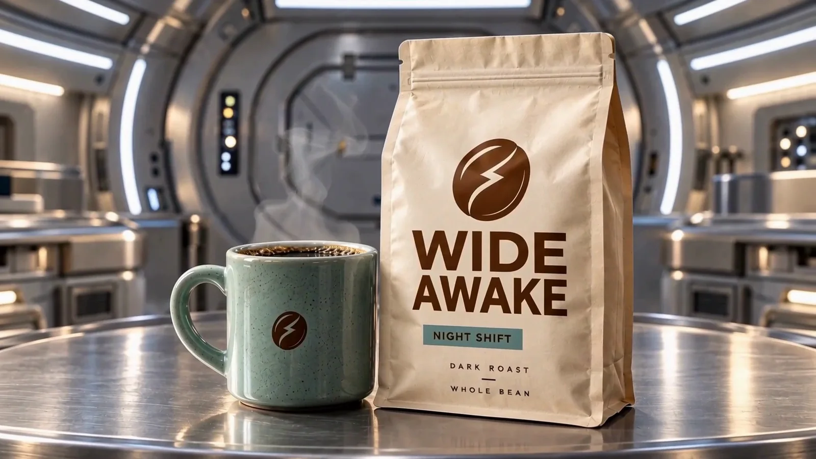 Wide Awake Night Shift coffee bag and sage mug in the finished commercial.