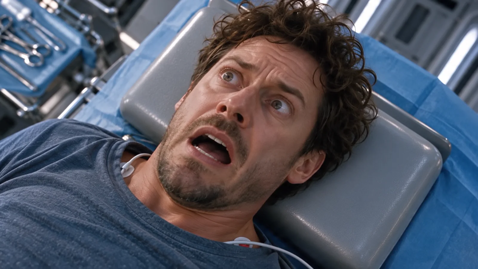 Approved image reference for the human patient’s frightened face before developing the later seated shot.