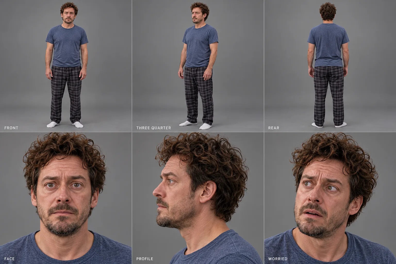 Approved human character sheet with several views of the patient’s face, curly hair, blue shirt and plaid trousers.