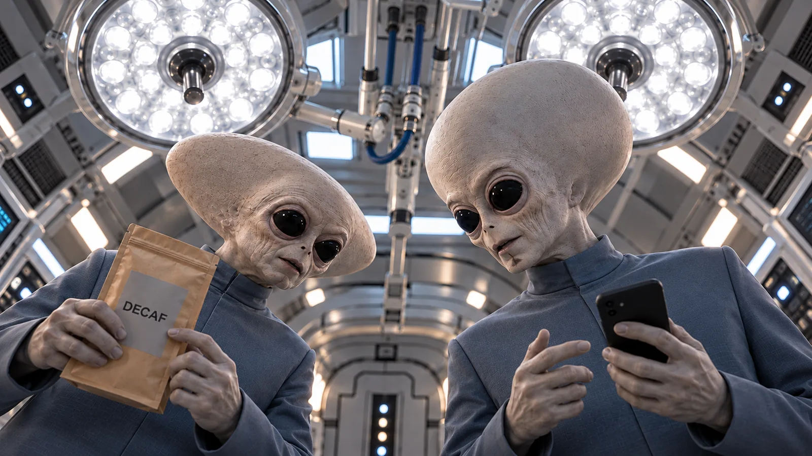 Storyboard view from the patient’s position toward two aliens in blue uniforms in a spacecraft operating room.