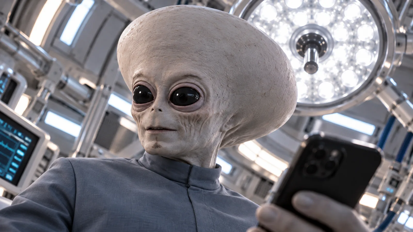 Storyboard close-up of the alien holding a phone while discussing coffee rewards.