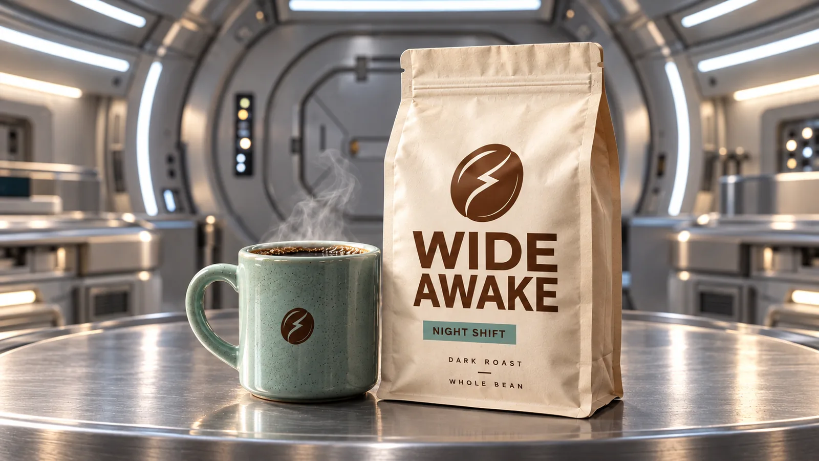 Wide Awake Night Shift coffee bag and sage mug with a symbol combining a coffee bean and lightning bolt, on a metal counter inside the spacecraft.