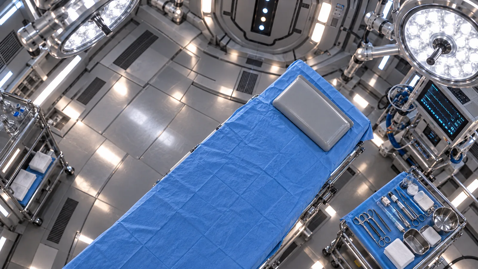 Empty spacecraft operating room reference with the treatment table, two circular surgical lamps, curved walls and metal surfaces.
