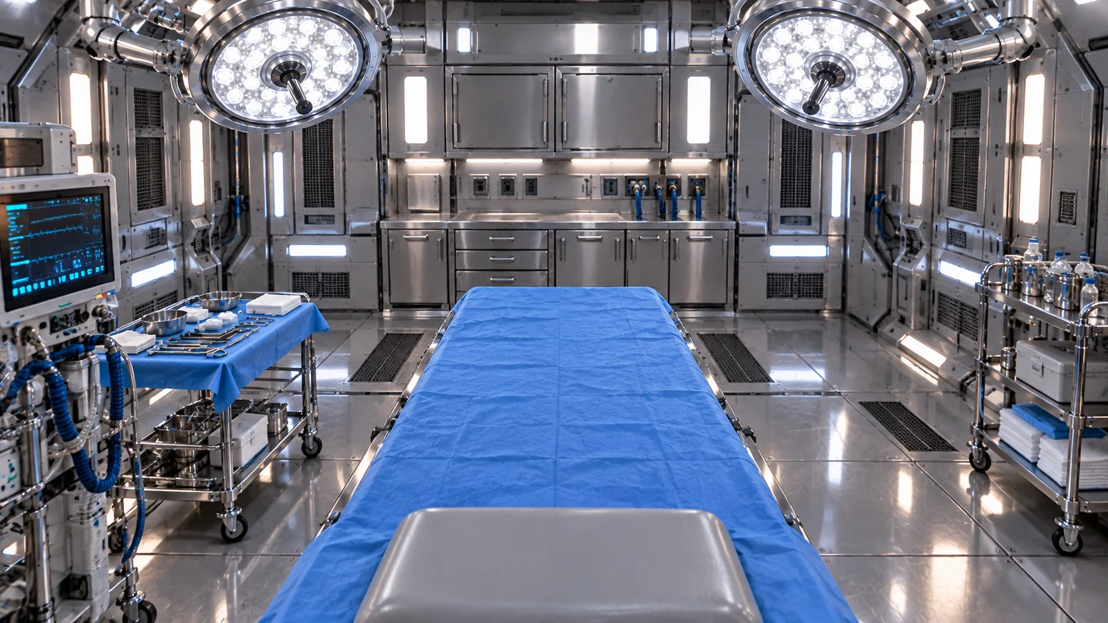 Reverse view of the spacecraft operating room showing the opposite side of the table and the same clinical metal environment.