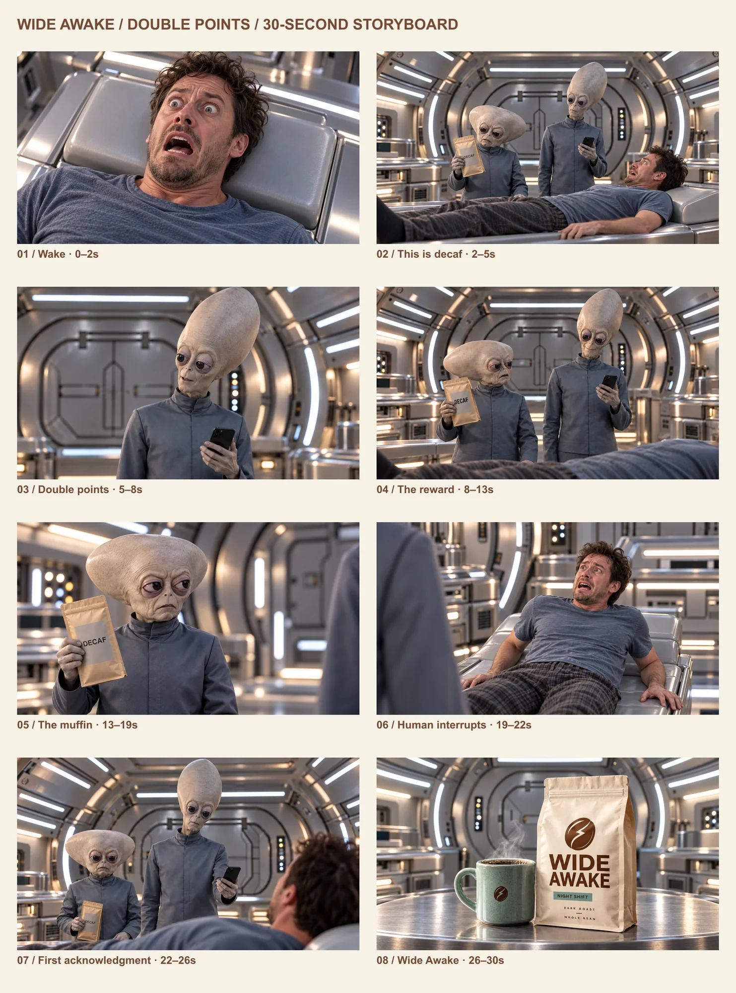 Initial Wide Awake storyboard overview showing the alien operating room, coffee argument, human patient and product ending.