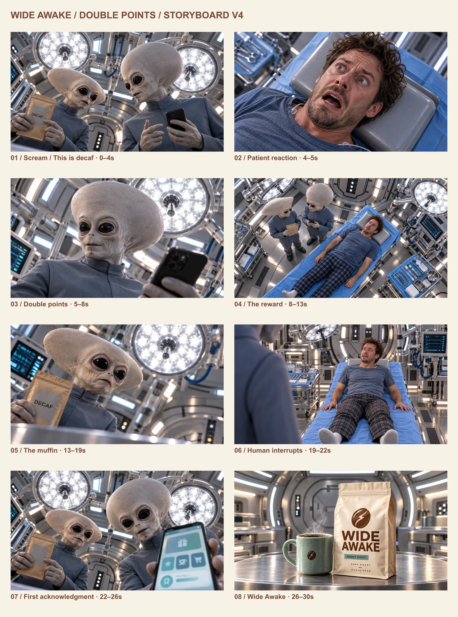 Refined Wide Awake storyboard overview with revised alien dialogue coverage, patient framing and product presentation.